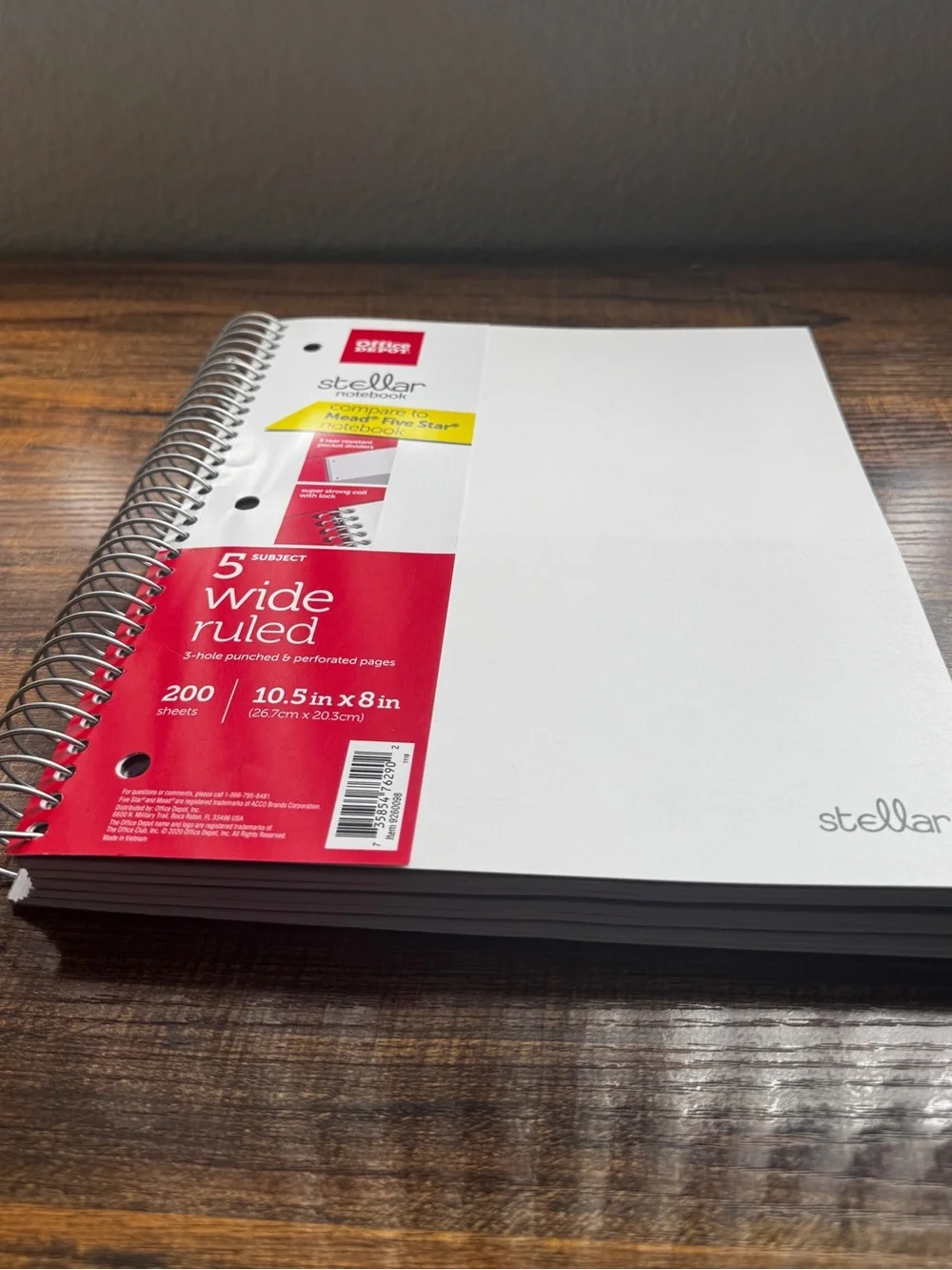 Stellar 5-Subject spiral notebook in white, New 200 sheets, 5 wide ruled